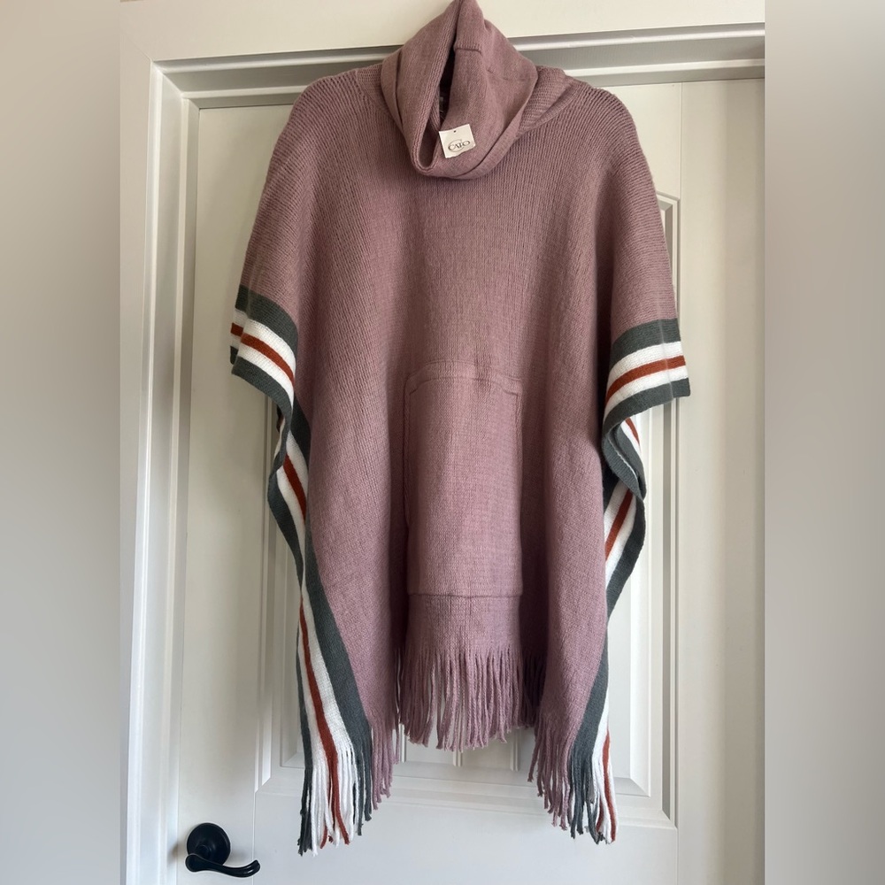 Cato Mauve Hooded Poncho with Fringe - Picture 2 of 12